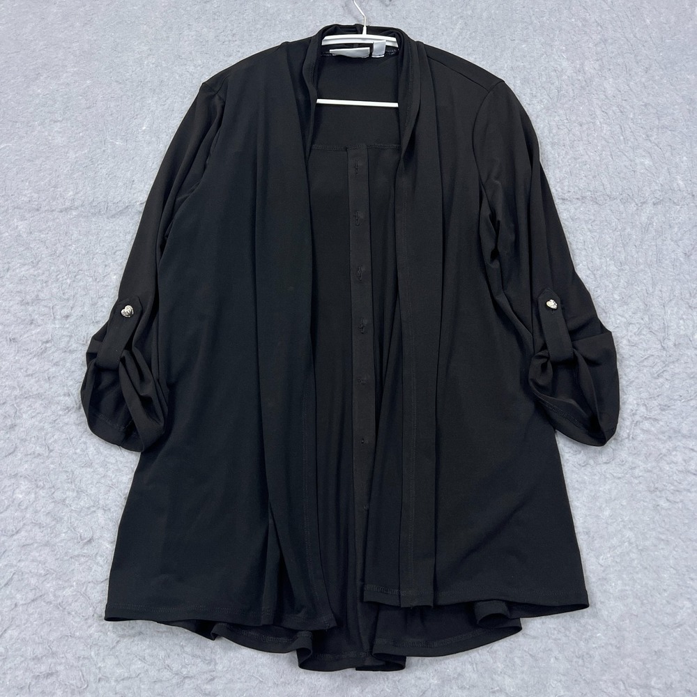 Susan Graver Liquid Knit Open Cardigan Women's‎ Medium Black Roll Sleeve Buttons